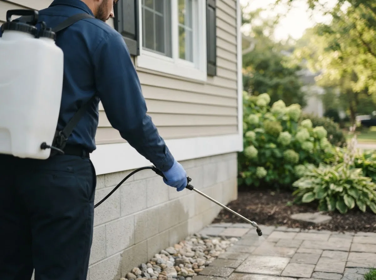 Pest control technician inspecting a home in Cochranton, PA
